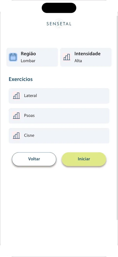 Tela de treino com região lombar, intensidade alta e a lista de exercícios