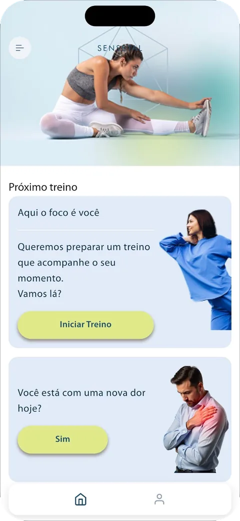 Tela inicial do app com o próximo treino e a pergunta: você está com uma nova dor hoje?